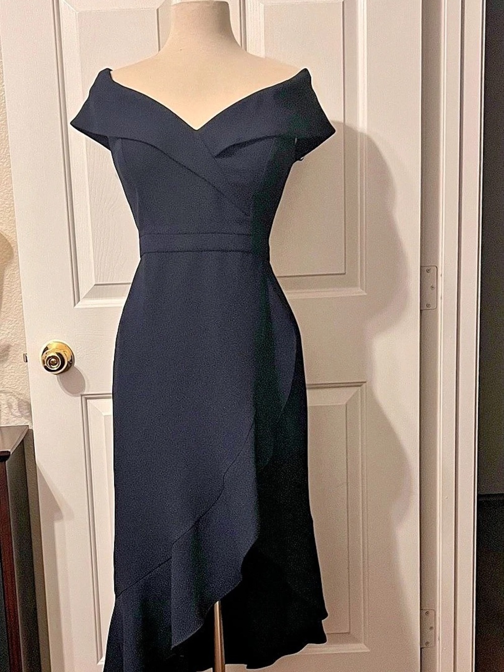Xscape Off the Shoulder Ruffle Scuba Crepe Gown Black Midi Dress Size 14